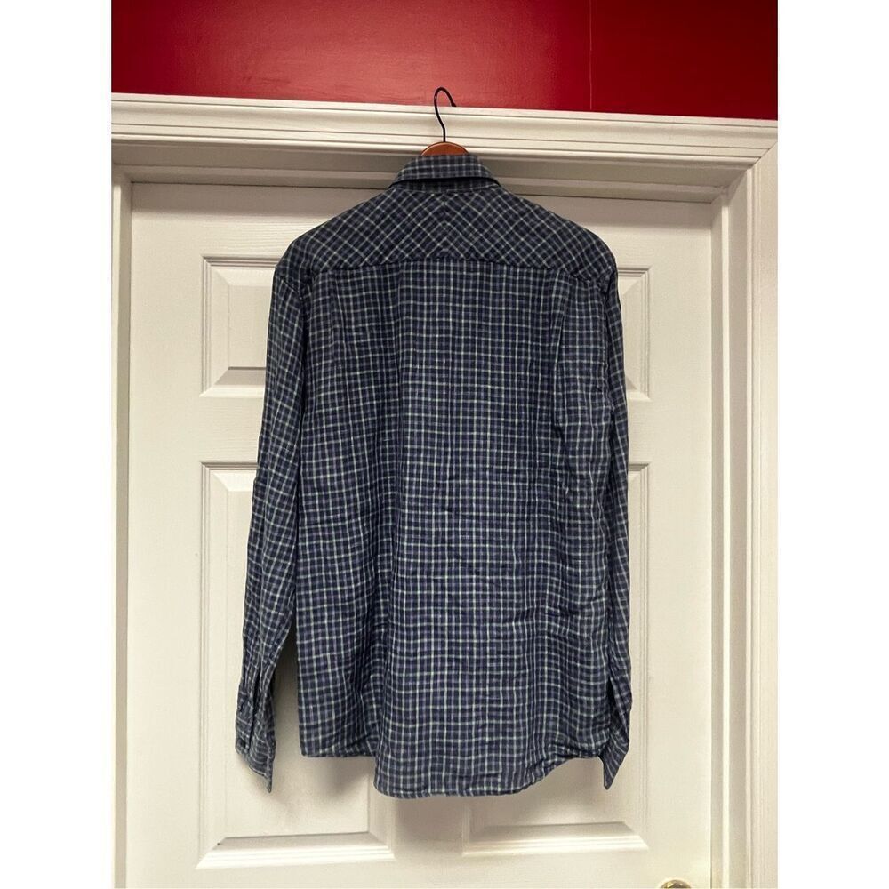 Saks Fifth Avenue Blue & Green Plaid 100% Linen Button Down Shirt Sz L Euc — image 6 of 6